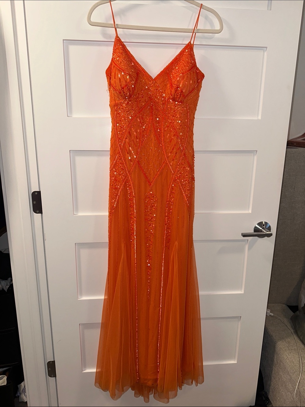 bebe Orange Beaded Strapless Evening Gown